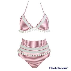 COCOSHIP Boho Pom Pom High Waist 2 PIECE BIKINI Pink Stripes Size 14